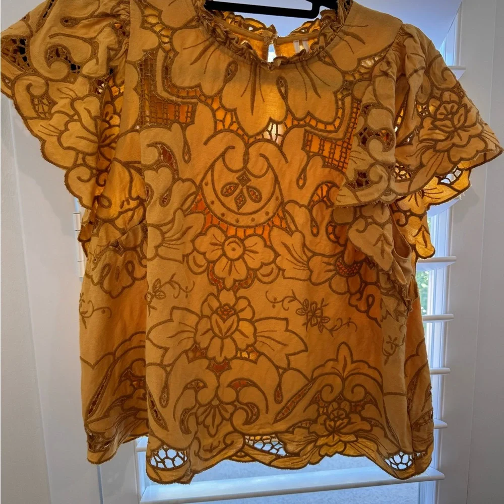Anthropologie Mustard Floral Lace Blouse - Picture 2 of 5